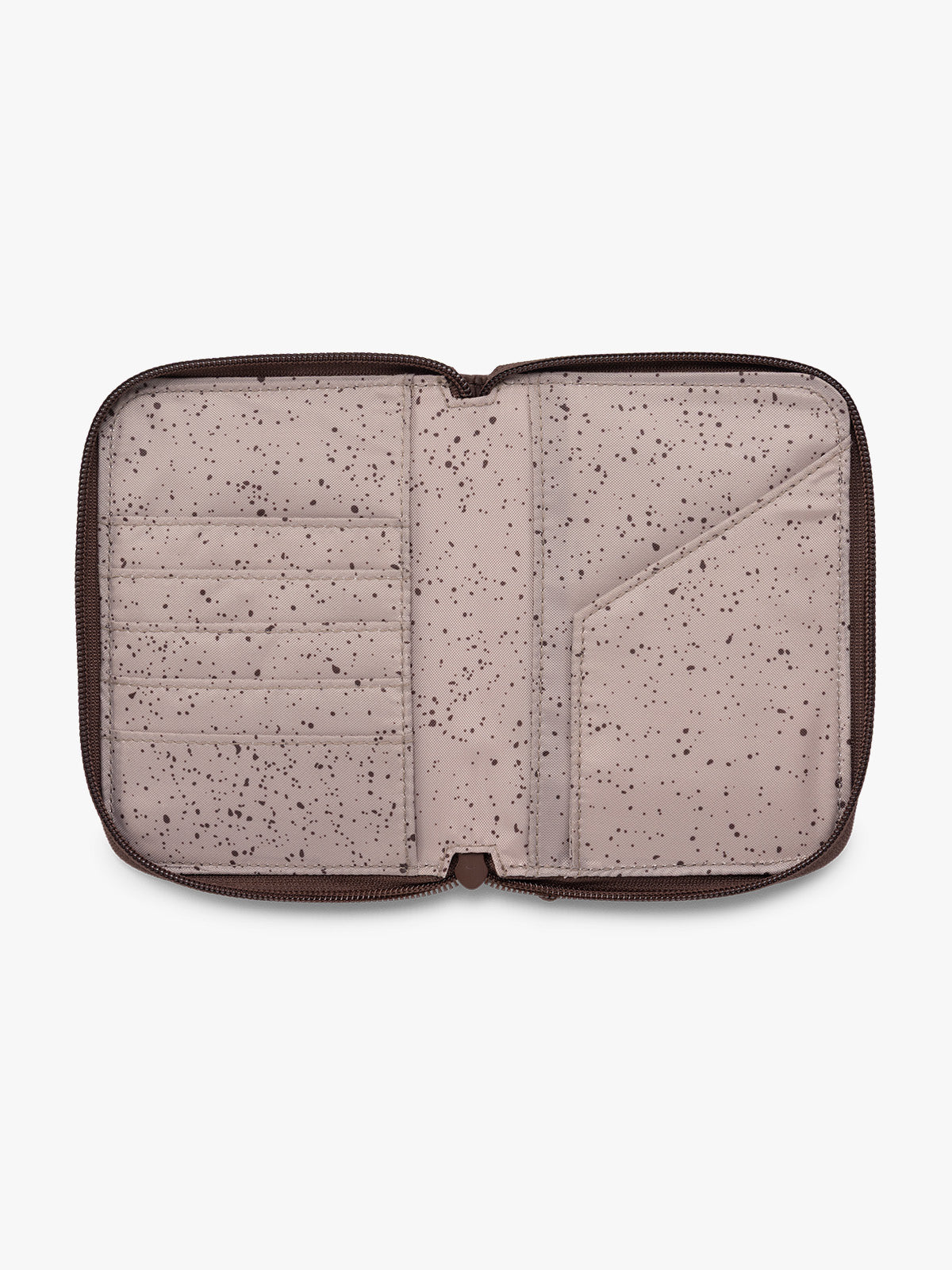 CALPAK Terra Zippered Passport Wallet in brown Walnut opened view; ATPW2501-WALNUT