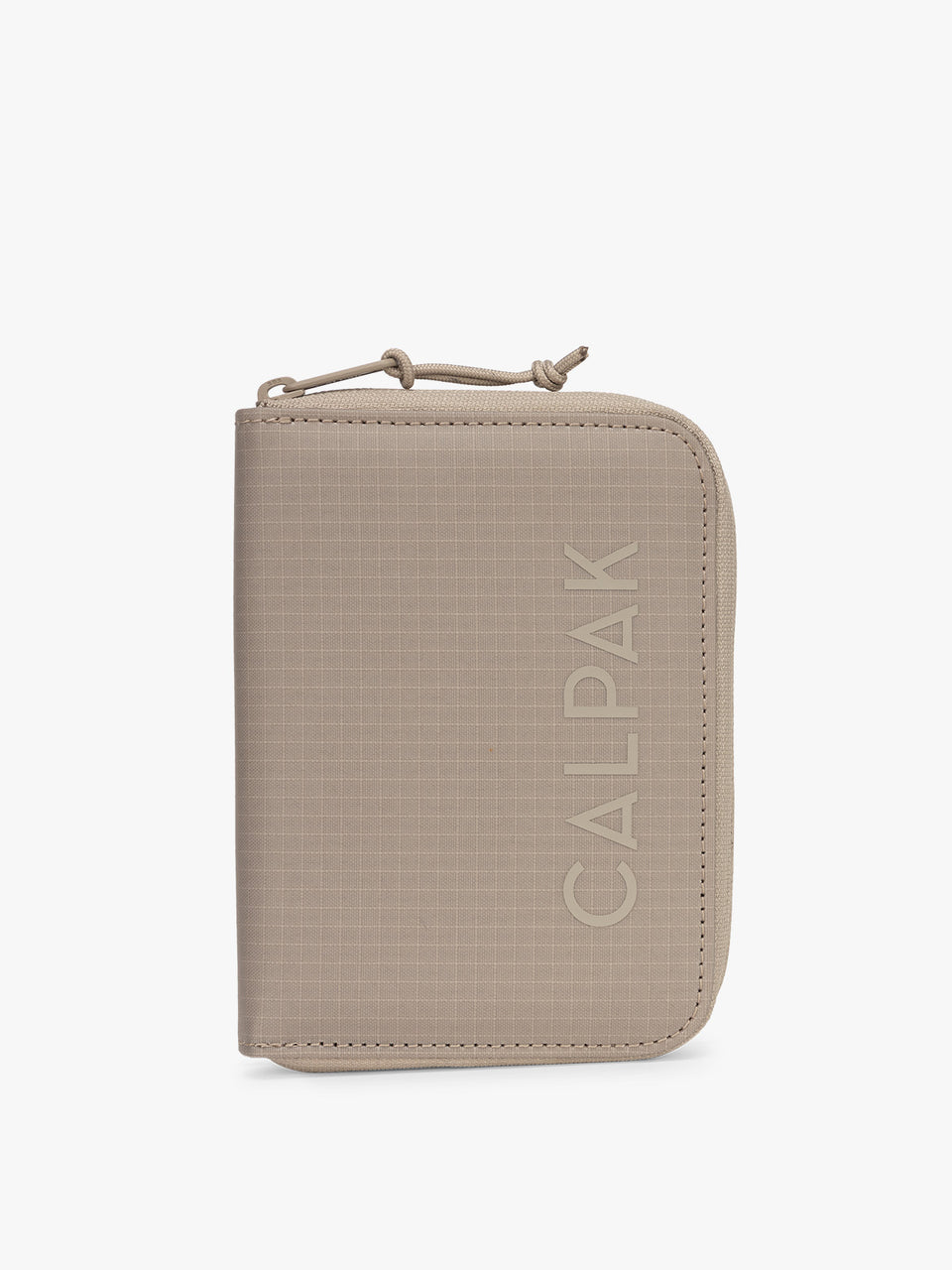 CALPAK Terra Zippered Passport Wallet in beige Stone front view; ATPW2501-STONE