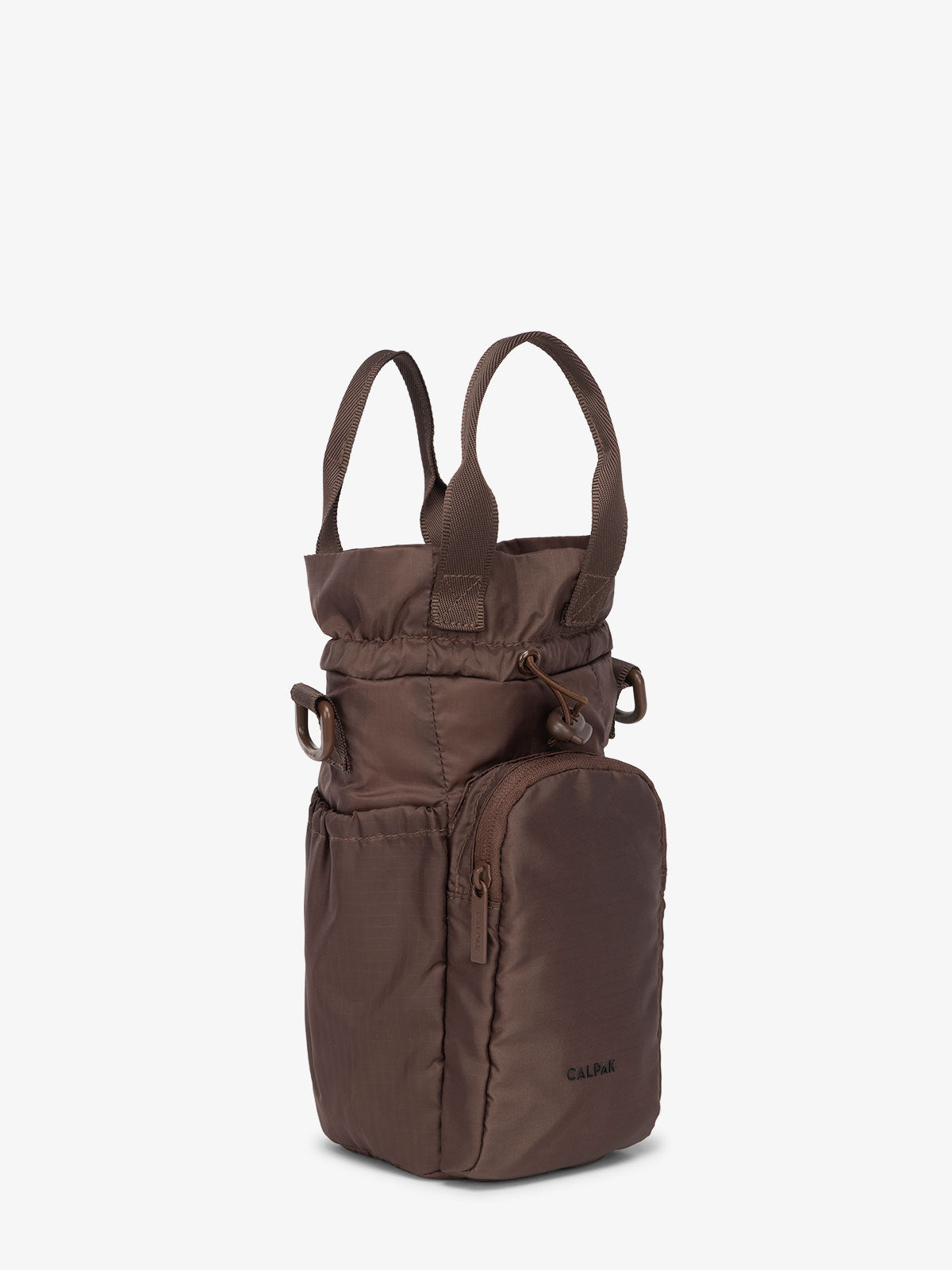 CALPAK Water Bottle Holder purse with zipped pocket for phone in walnut; AWH2101-WALNUT
