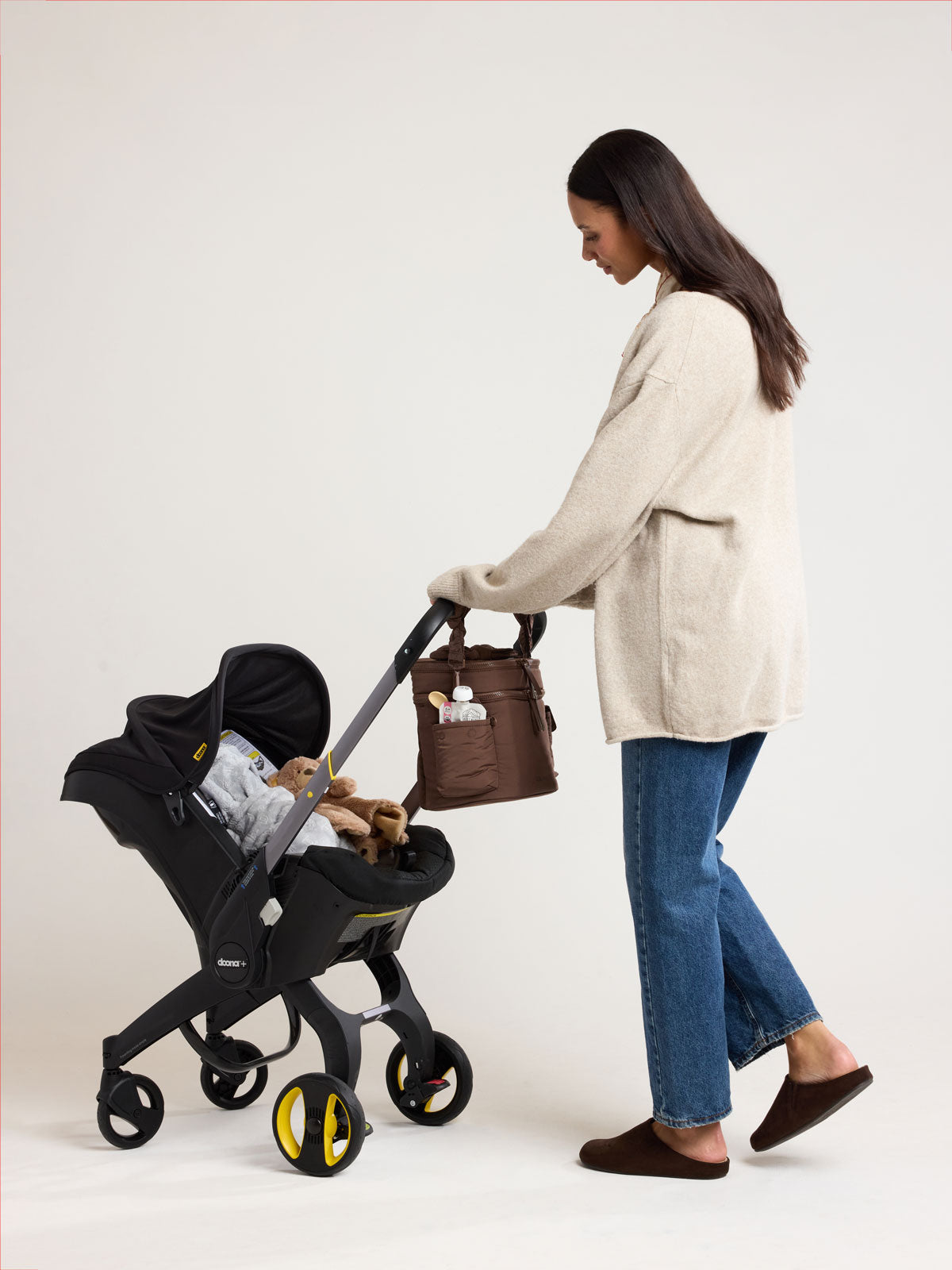 CALPAK Insulated Baby Bottle Bag in brown Hazelnut on stroller; IBB2601-HAZELNUT