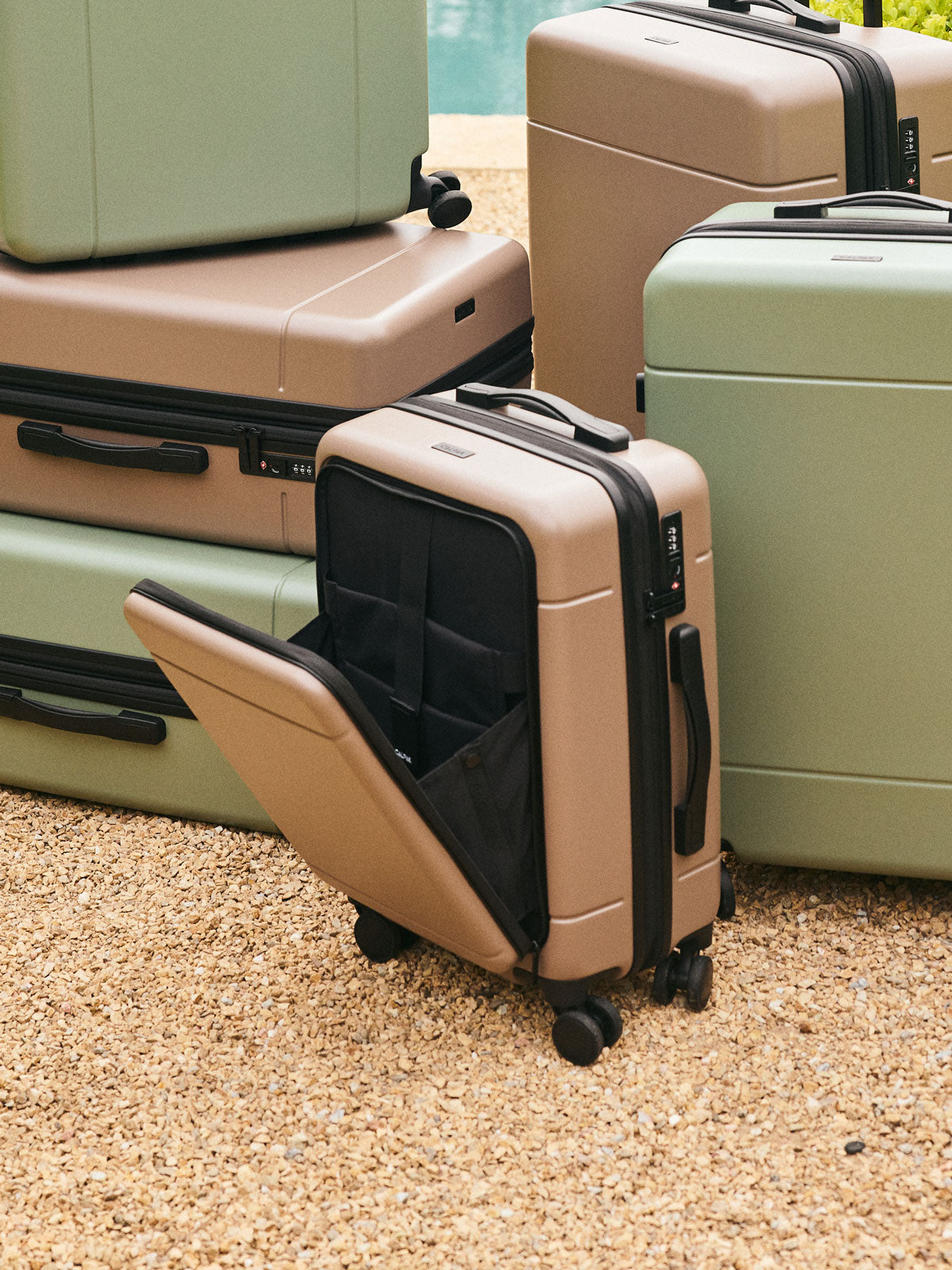 CALPAK Hue Front Pocket Carry On Luggage in brown Chocolate with other Hue Luggage; LHU1020-CHOCOLATE