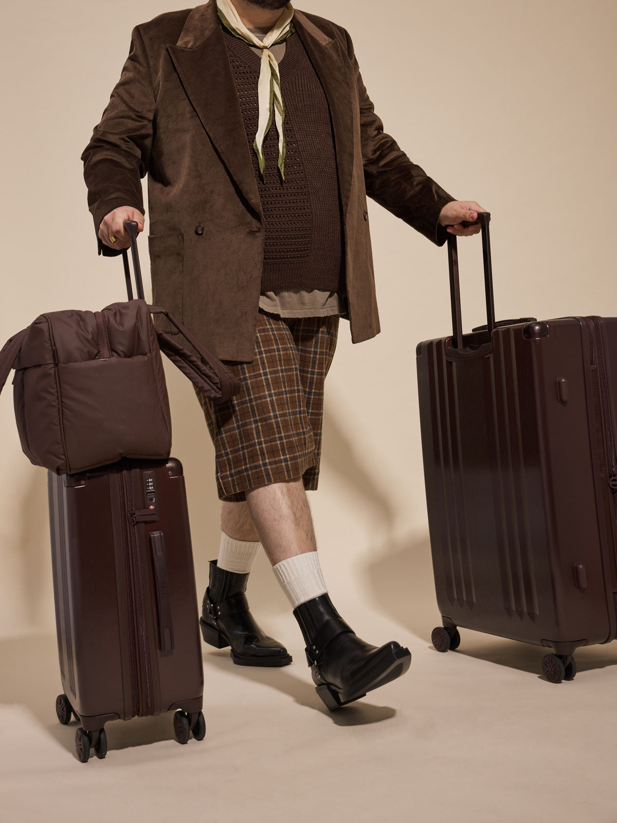 CALPAK Ambeur 2pc Set that includes Carry-On Luggage and Large Luggage in brown Walnut metallic look; LAM2000-WALNUT