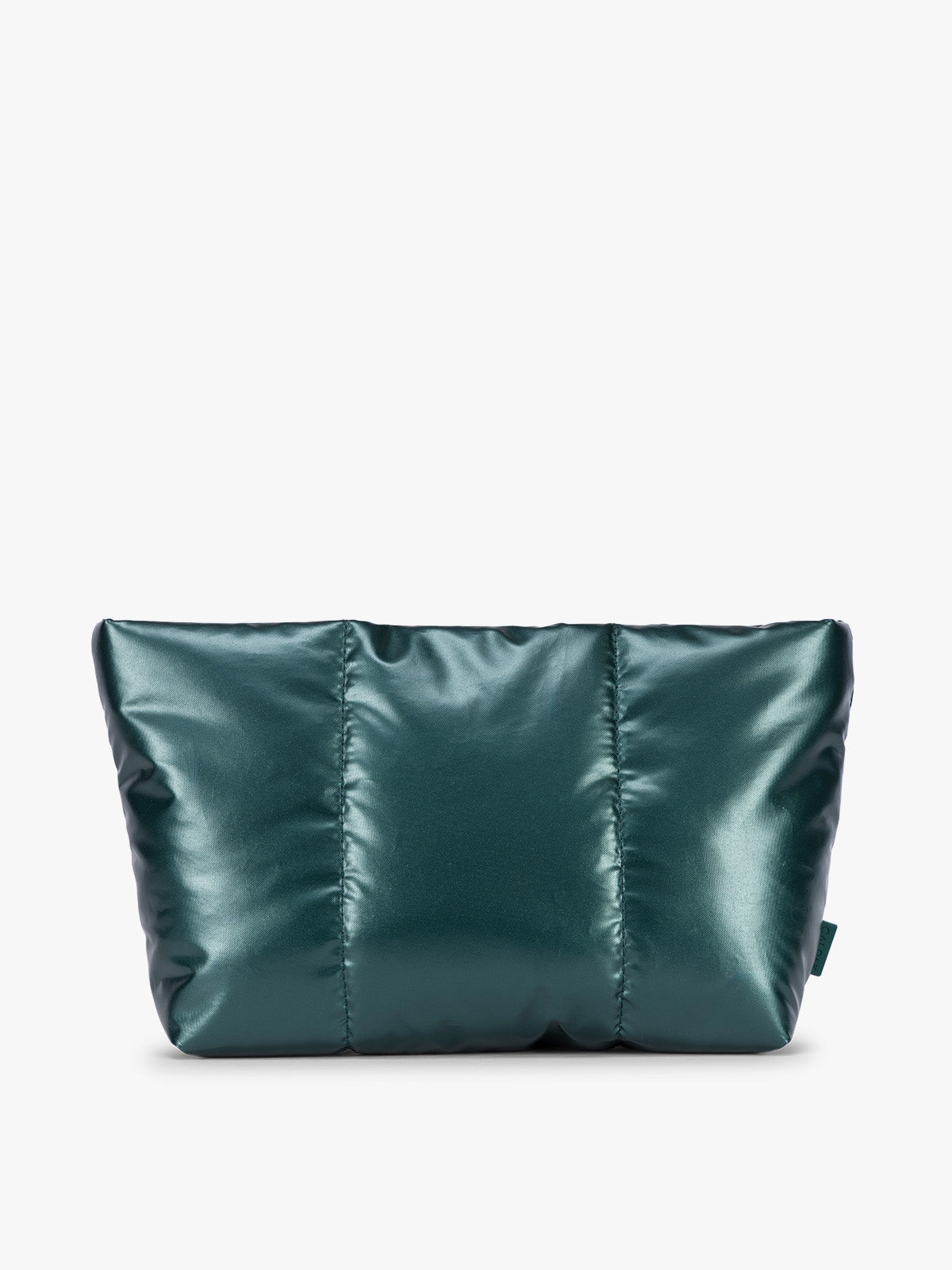 A dark teal green puffy CALPAK Luka 2-Quart Zip Pouch with a glossy, metallic finish, shown against a plain white background ; ZLPM2601-GLAZED-KALE