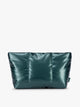 A dark teal green puffy CALPAK Luka 2-Quart Zip Pouch with a glossy, metallic finish, shown against a plain white background ; ZLPM2601-GLAZED-KALE
