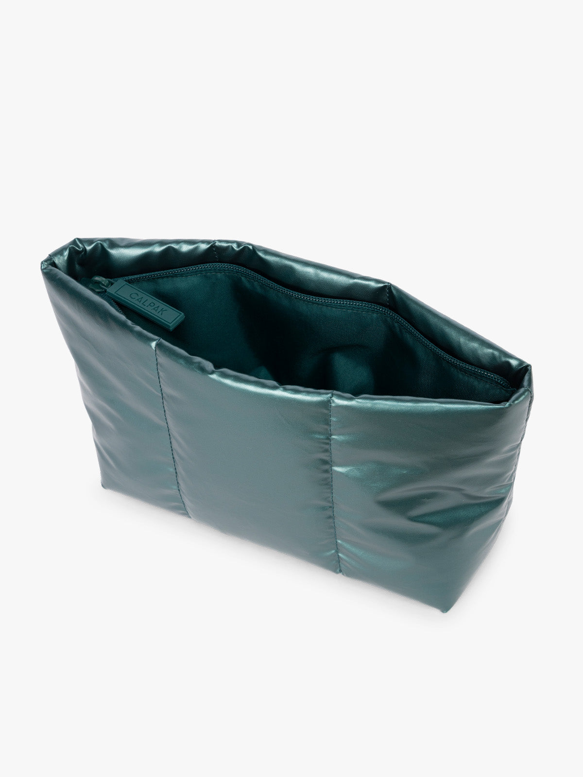 Top view with zipper shown of a dark teal green puffy CALPAK Luka 2-Quart Zip Pouch with a glossy, metallic finish, shown against a plain white background ; ZLPM2601-GLAZED-KALE