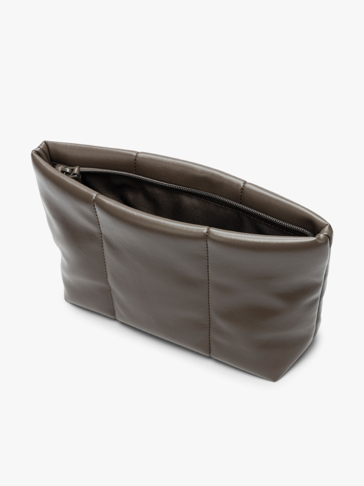 Opened zipper of CALPAK dark brown Mushroom vegan leather pouch bag with a structured rectangular shape and vertical stitched panel details, shown against a plain white background; ZLPM2601-MUSHROOM-PU