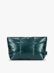 A dark teal green puffy CALPAK Luka 1-Quart Zip Pouch with a glossy, metallic finish, shown against a plain white background ; ZLPS2601-GLAZED-KALE