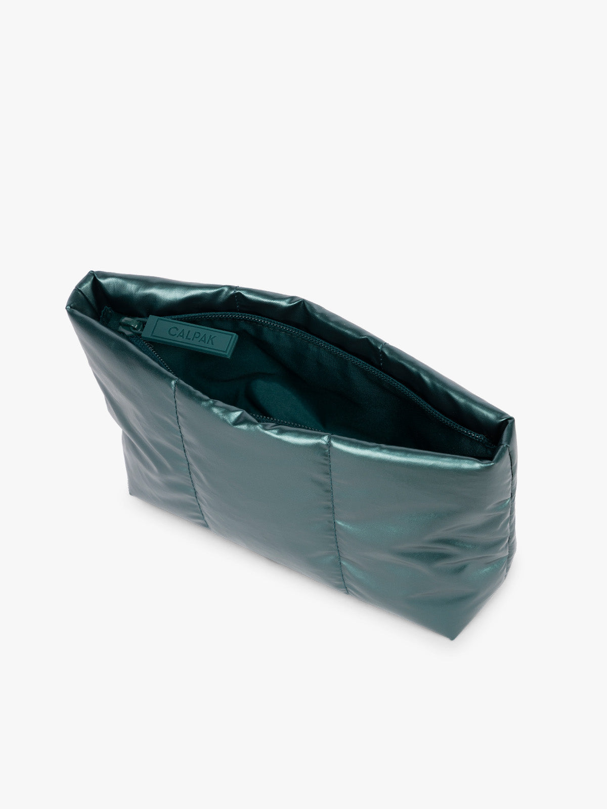 Top view of the zipper of the a dark teal green puffy CALPAK Luka 1-Quart Zip Pouch with a glossy, metallic finish, shown against a plain white background ; ZLPS2601-GLAZED-KALE