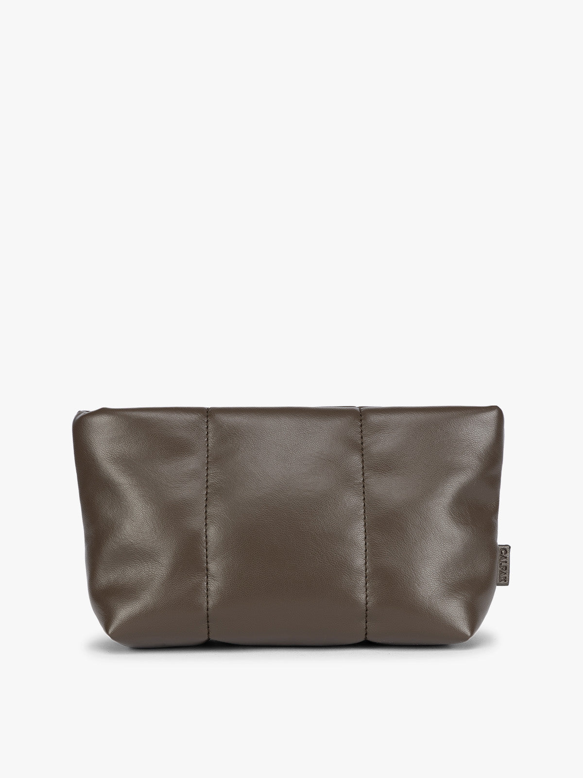  CALPAK Luka 1 quart brown Mushroom vegan leather pouch bag with a quilted, padded design and a small brand tag on the right side, shown against a plain white background; ZLPS2601-MUSHROOM-PU