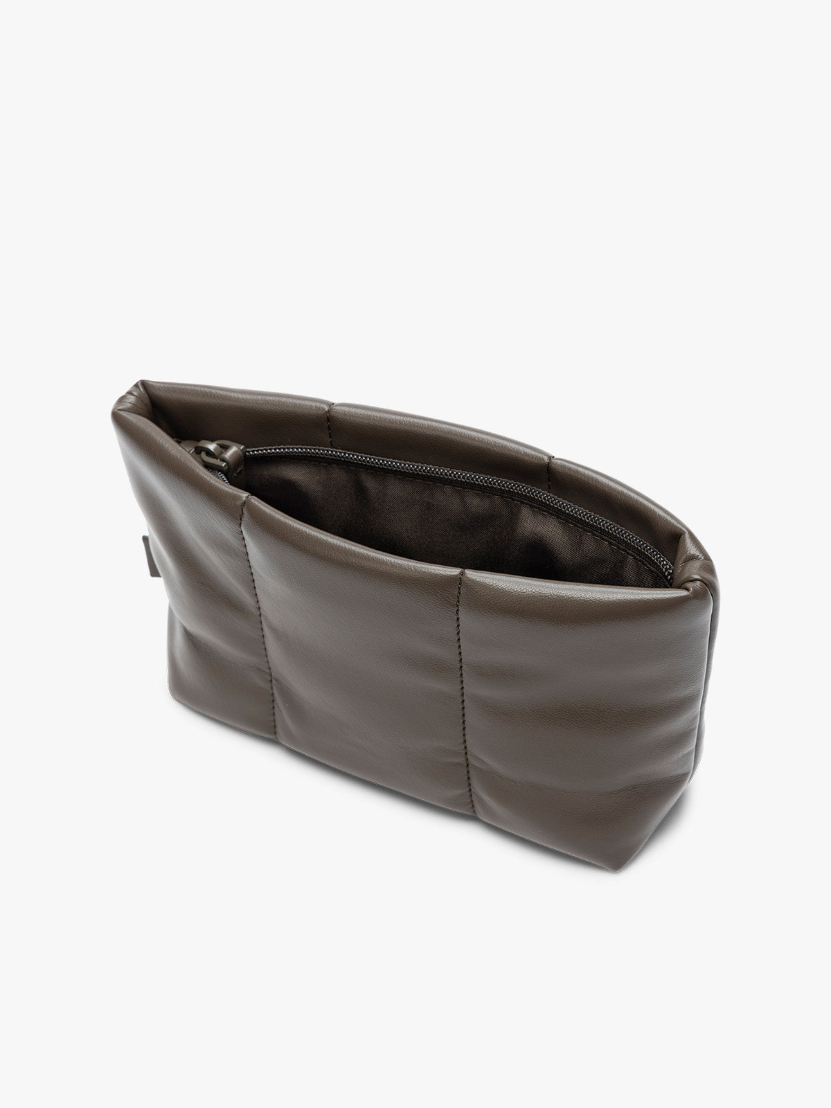 Opened zipper of  CALPAK Luka 1 quart brown Mushroom vegan leather pouch bag with a quilted, padded design and a small brand tag on the right side, shown against a plain white background; ZLPS2601-MUSHROOM-PU