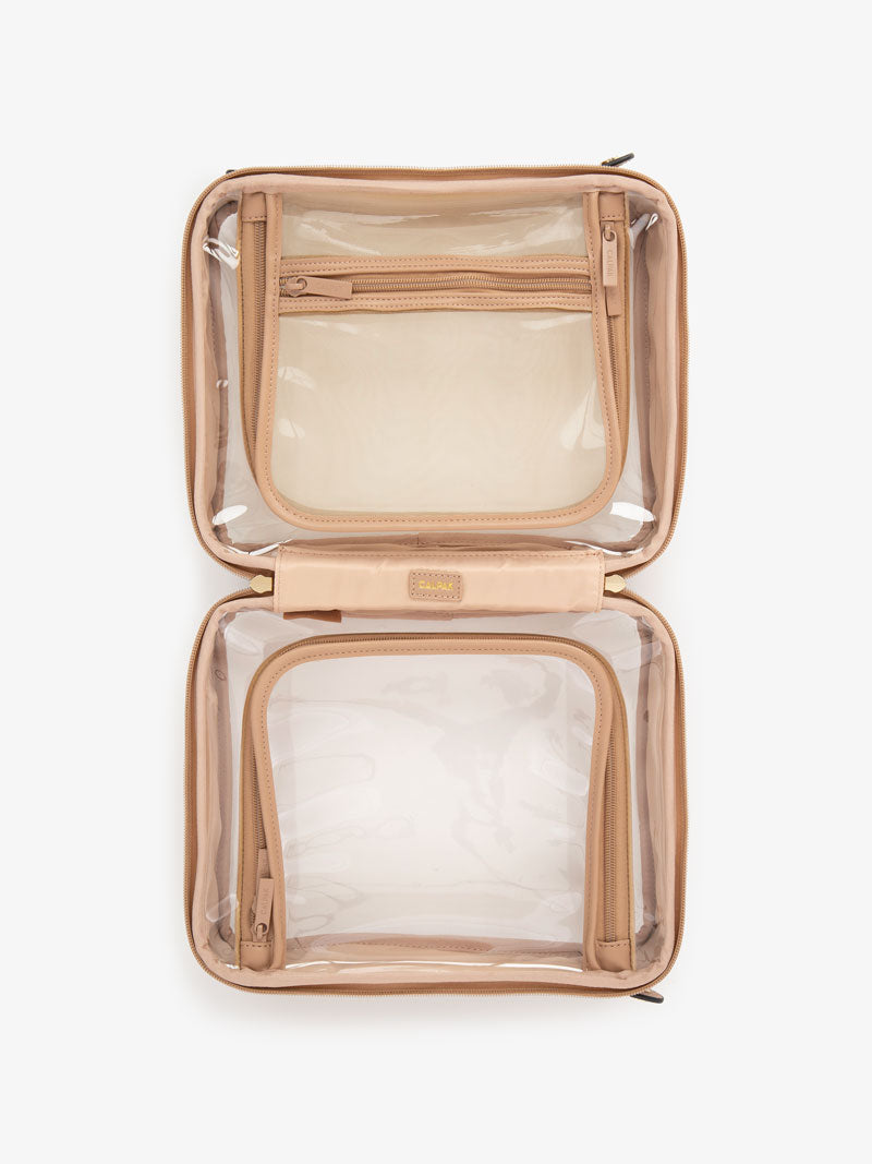 CALPAK clear makeup bag with compartments; CCC2001-CARAMEL