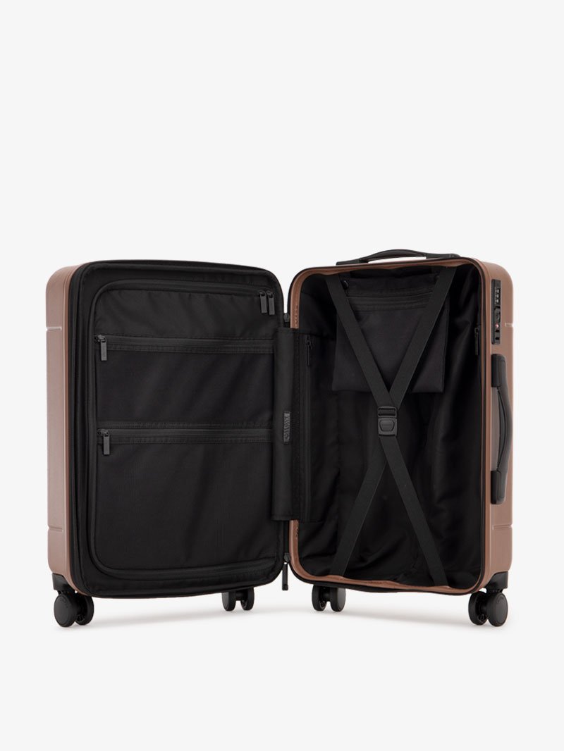brown hazel CALPAK Hue hardside carry on suitcase with laptop compartment and compression straps; LHU1020-HAZEL