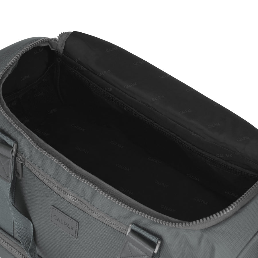 CALPAK Stevyn duffel bag in slate - open bag; DST7019-SLATE
